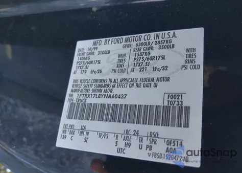 2000 Ford F-150 Lariat/Work Series/Xl/Xlt из США, поврежденный, VIN 1FTRX17L8YNA60437